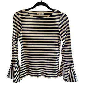 CHICOS COTTON BLEND RIBBED TOP STRIPED GODET SLEEVE SIZE 0 SMALL (4) NAVY WHITE